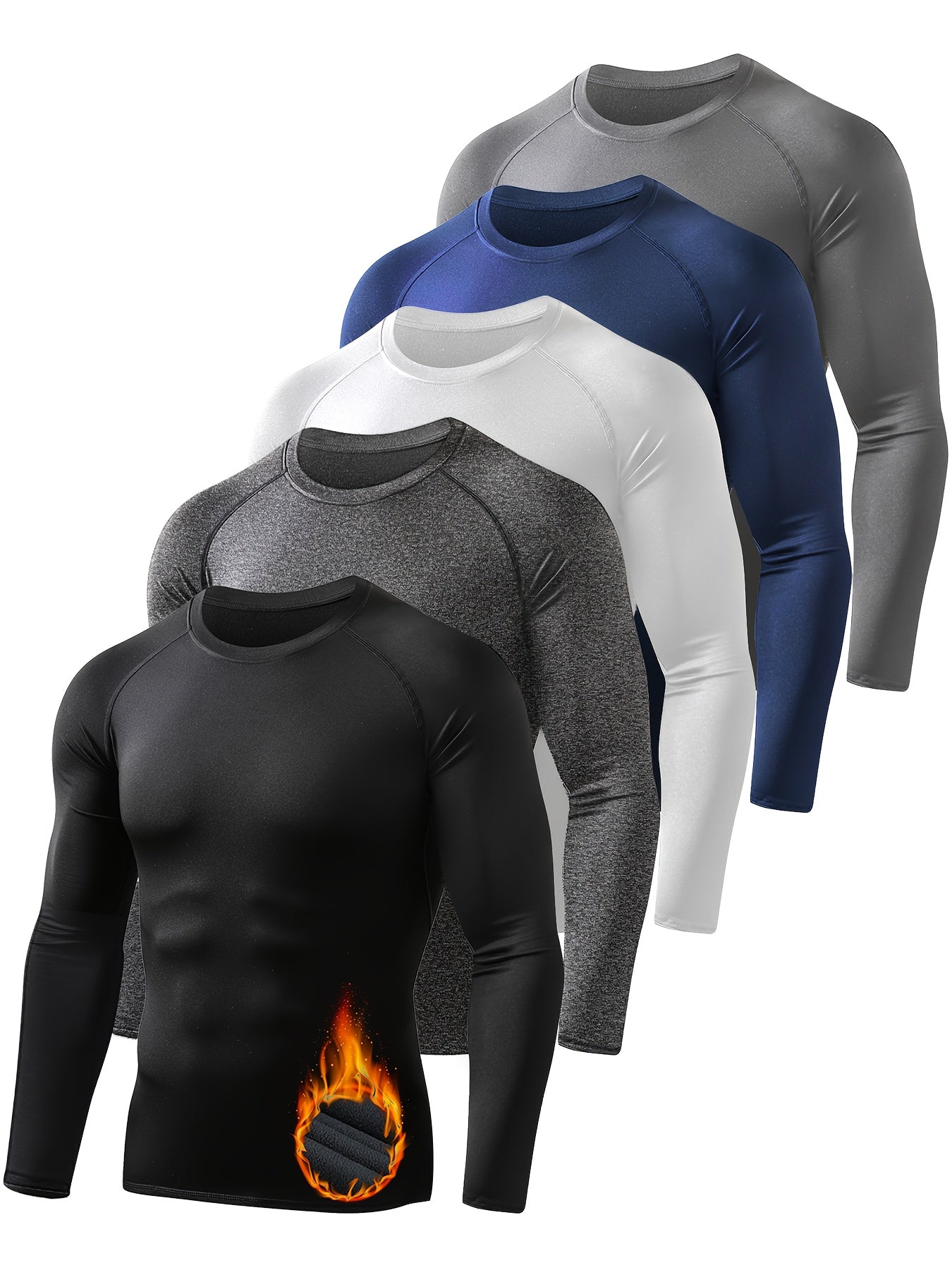 5 Pack Men's Thermal Compression Shirt Fleece Lined Long Sleeve Athletic Base Layer Cold Weather Gear Workout Top